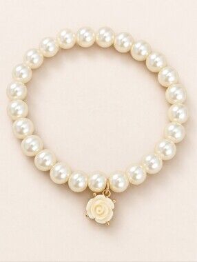 Avon Faux Pearl Stretch Bracelet Rose Charm NIB